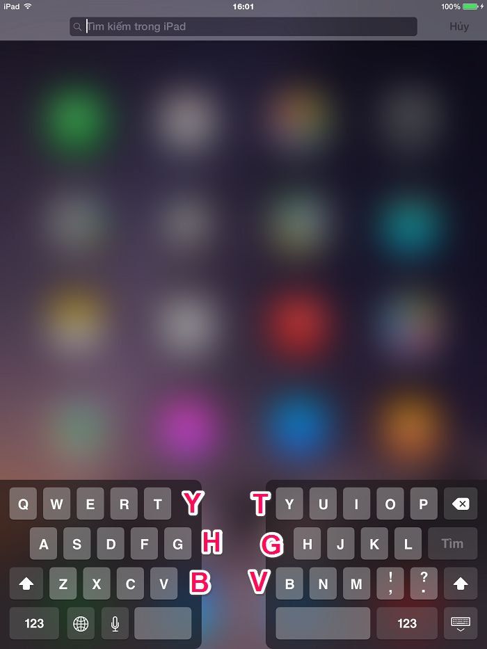 Mẹo hay với bàn phím iPad (phần 1) > Các phím ảo trên bàn phím iPad sau khi đã tách (Split)