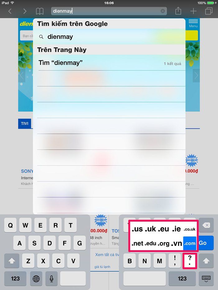 Giữ phím “.” để hiện các tên miền phổ biến Mẹo hay với bàn phím iPad (phần 2) > Giữ phím “.” để hiện các tên miền phổ biến