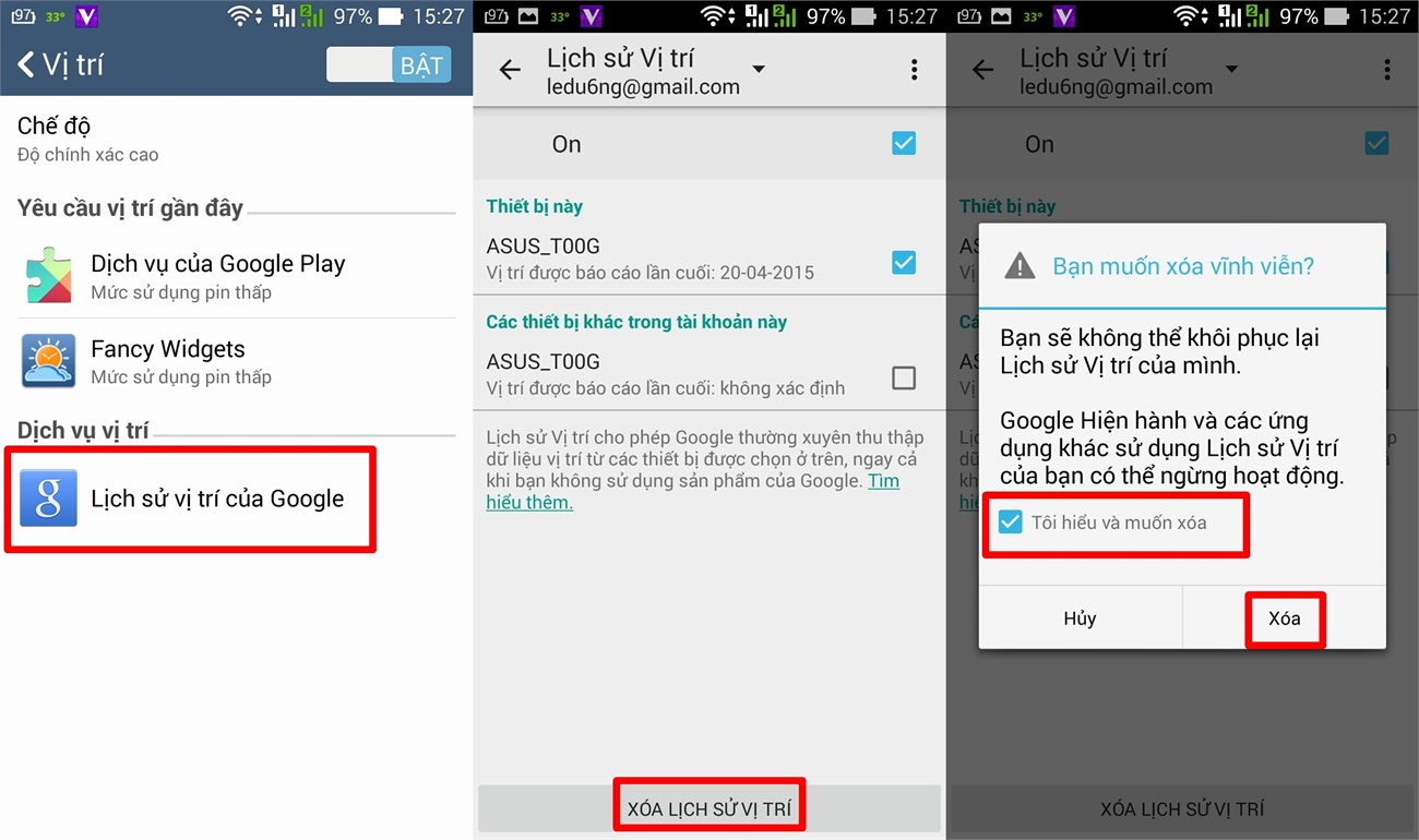 Xóa toàn bộ Lịch sử Vị trí từ menu Cài đặt Google