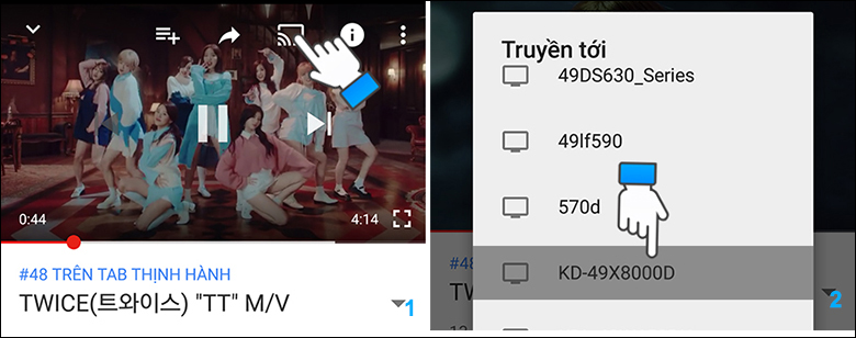 Bước 1: Mở ứng dụng YouTube trên điện thoại và nhấn vào một video bất kỳ, sau đó chọn biểu tượng hình vuông và chọn tivi bạn muốn kết nối trong danh sách hiện ra.