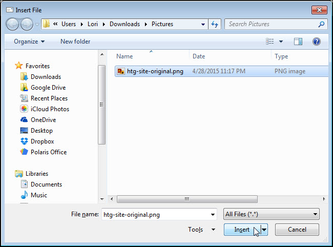 Một hộp thoại Insert File hiển thị