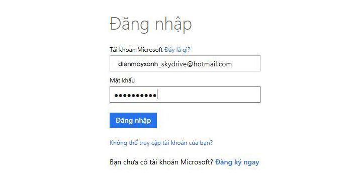 Nhập email và mật khẩu tài khoản Microsoft rồi nhấn Đăng nhập