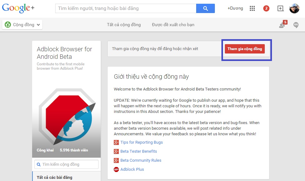 Tham gia cộng đồng Adblock Browser for Android Beta