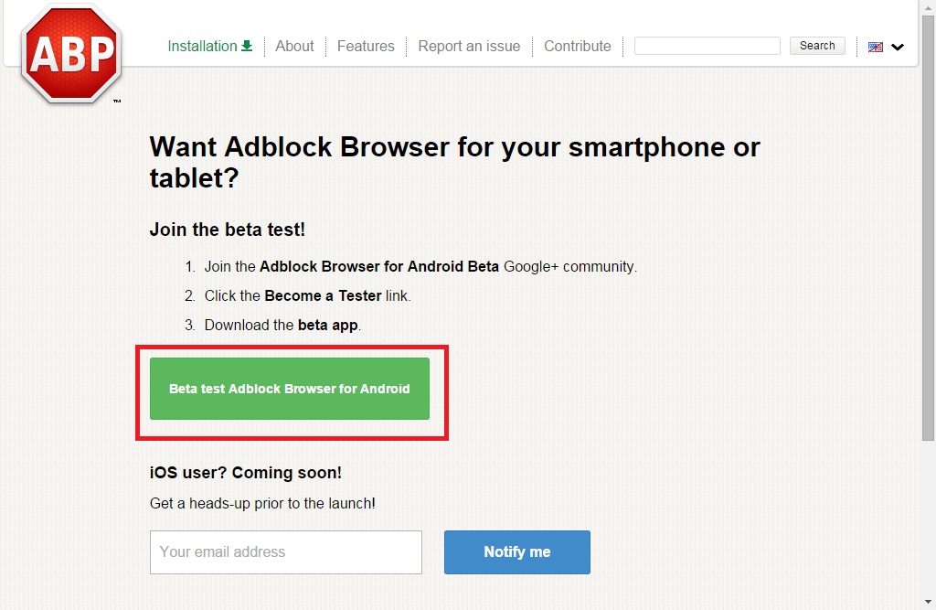 Đăng ký sử dụng trình duyệt Adblock cho Android