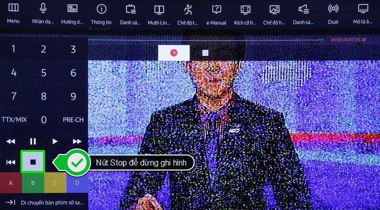 Cách ghi lại chương trình truyền hình trên Smart tivi Samsung 2015 > Chọn STOP để dừng ghi hình