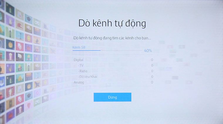 Cách dò kênh Smart tivi Samsung 2015 > tivi đang tiến hành dò kênh tự động