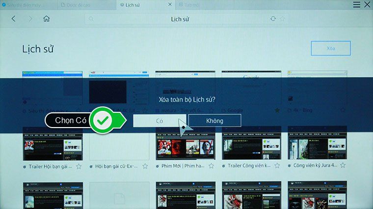 Chọn Có Cách xóa lịch sử trình duyệt web trên Smart tivi Samsung > Chọn Có