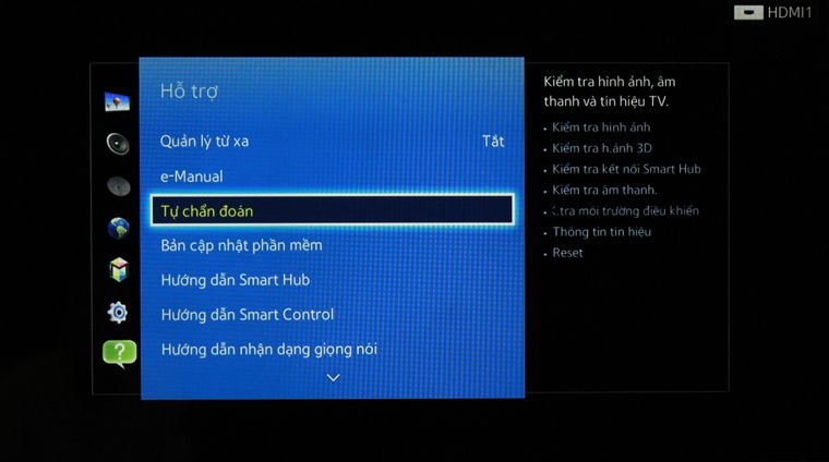 Cách khôi phục cài đặt gốc trên Smart tivi Samsung giao diện Smart Hub > Chọn Tự chuẩn đoán