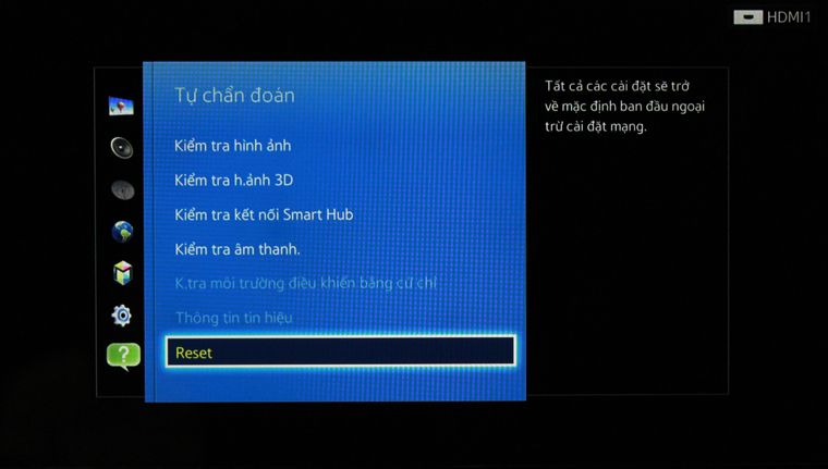 Cách khôi phục cài đặt gốc trên Smart tivi Samsung giao diện Smart Hub > Chọn Reset