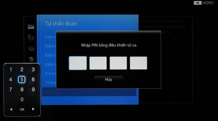 Cách khôi phục cài đặt gốc trên Smart tivi Samsung giao diện Smart Hub > Nhập mã pin là 0 0 0 0