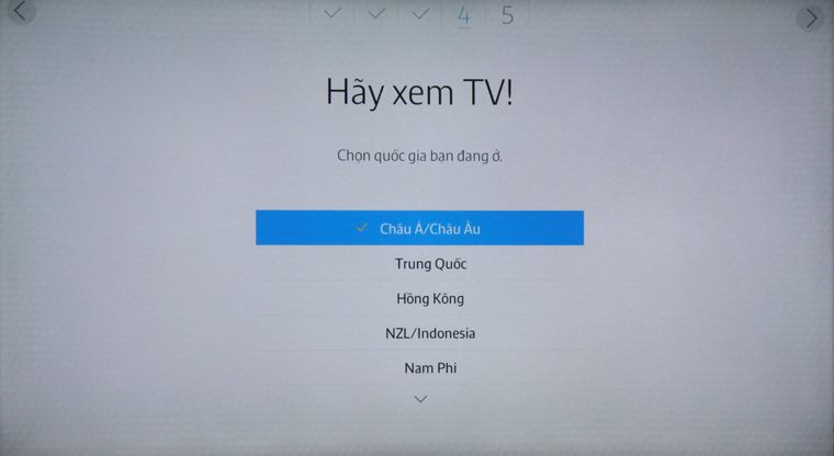 Chọn Châu Á/Châu Âu Các bước thiết lập Smart tivi Samsung 2015 lần đầu tiên sử dụng > Chọn Châu Á/Châu Âu