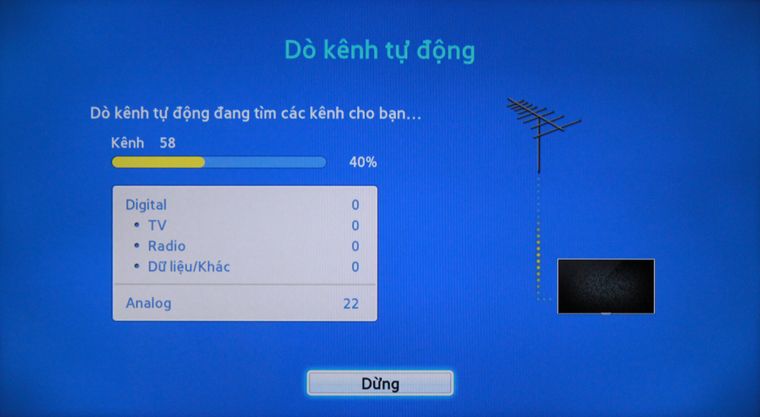 Cách dò kênh tivi Samsung 2015 > Tivi đang tiến hành dò kênh tự động