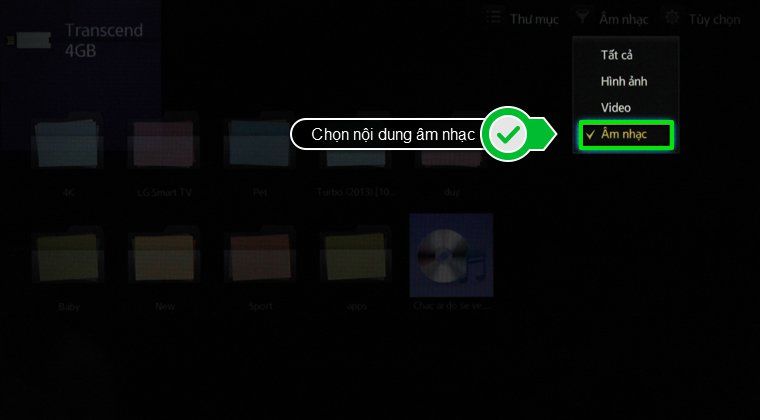 Cách sử dụng điều khiển tivi Samsung H5552, H5203, H5303 > Chọn nội dung âm nhạc