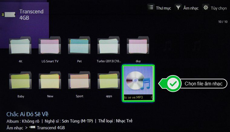 Cách sử dụng điều khiển tivi Samsung H5552, H5203, H5303 > Chọn file nhạc muốn nghe