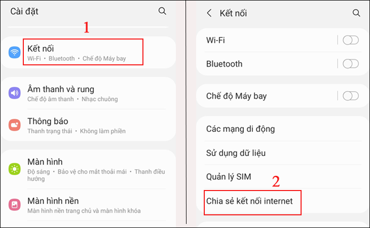 Vào Cài đặt  Kết nối  Chia sẻ kết nối Internet.