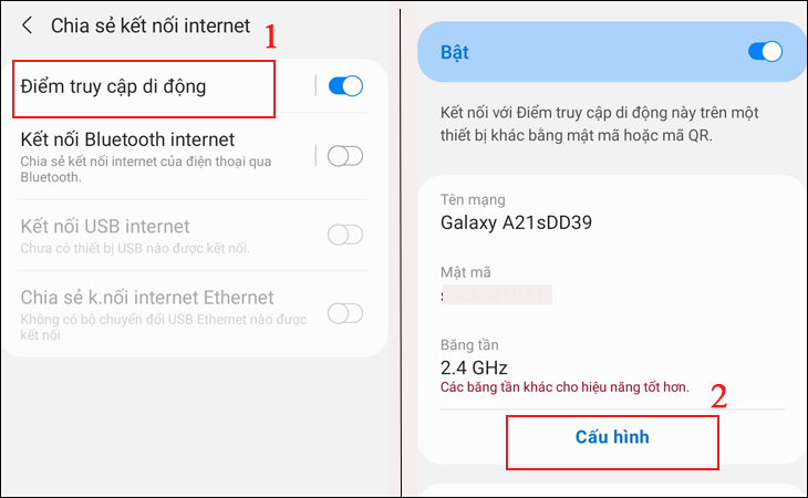  Bạn hãy nhấn tiếp vào điểm truy cập di động  chọn Cấu hình.