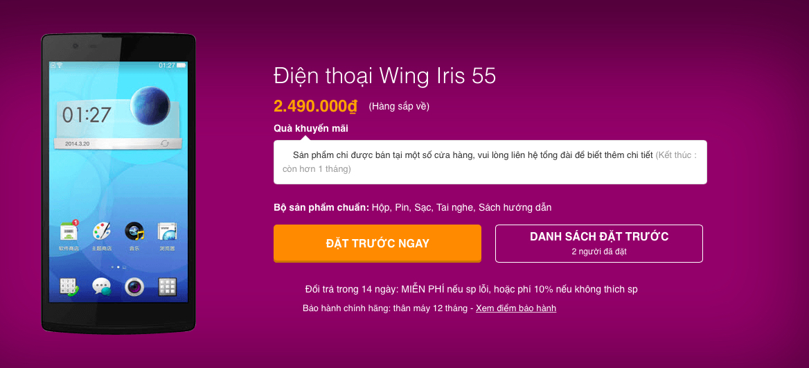 Wing Iris 55 chuẩn bị bán ra ở Thegioididong.com