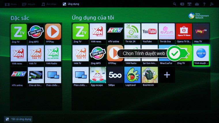 Mở Trình duyệt web từ trang ứng dụng Cách xóa lịch sử trình duyệt web trên tivi thông minh Sony > Mở Trình duyệt web từ trang ứng dụng