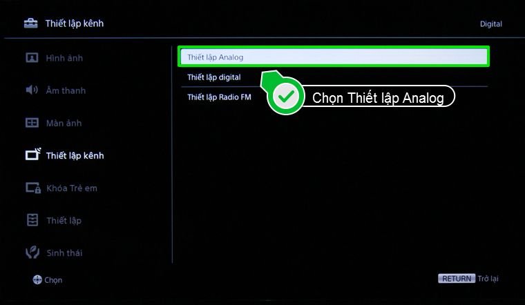Chọn mục Thiết lập Analog