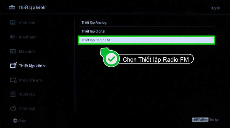 Chọn thiết lập Radio FM trong cửa sổ của Thiết lập kênh