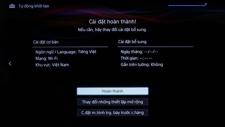 Các bước thiết lập lại từ đầu Smart Tivi Sony > Chọn Hoàn thành để xác nhận