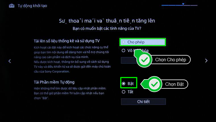 Các bước thiết lập lại từ đầu Smart Tivi Sony > Chọn cho phép Tải số liệu thống kê và Bật phần mềm tự động