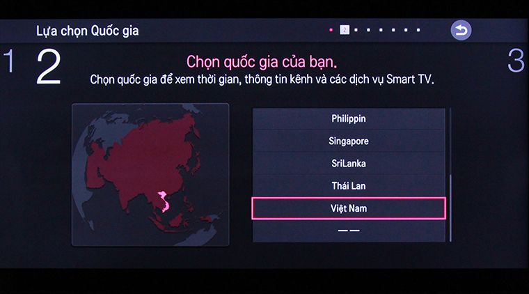 Cách khôi phục cài đặt gốc tivi thông minh LG bằng phím cơ > Chọn quốc gia Việt Nam