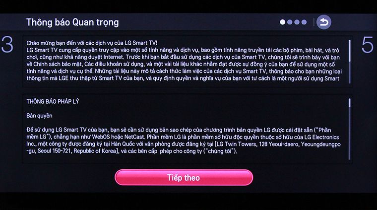 Cách khôi phục cài đặt gốc tivi thông minh LG bằng phím cơ > Nhấn Tiếp theo