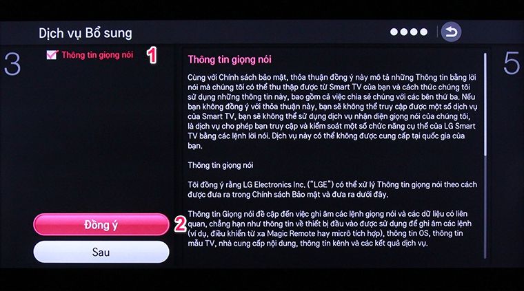 Cách khôi phục cài đặt gốc tivi thông minh LG bằng phím cơ > Chọn Thông tin giọng nói và nhấn Đồng ý