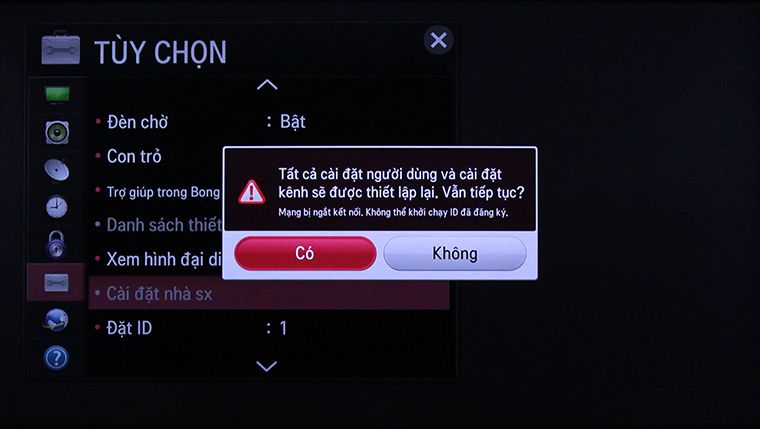 Cách khôi phục cài đặt gốc tivi thông minh LG bằng phím cơ > Chọn Có