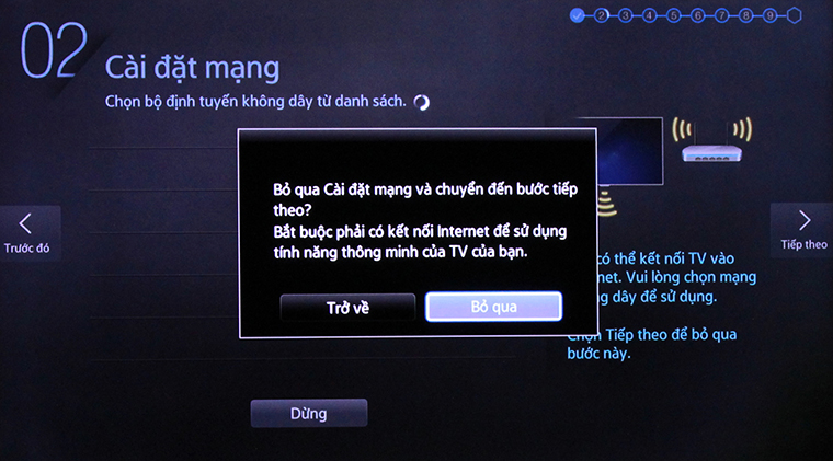 Cách khôi phục cài đặt gốc Smart tivi Samsung bằng phím cơ > Chọn “Bỏ qua” rồi đến “Tiếp theo”.