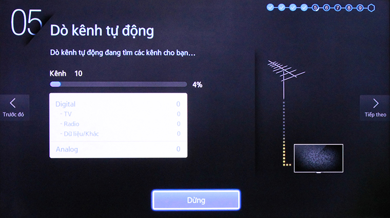 Cách khôi phục cài đặt gốc Smart tivi Samsung bằng phím cơ > Nếu chưa cần dò kênh ngay, bạn có thể chọn “Dừng” và “Tiếp theo” để tiết kiệm thời gian.