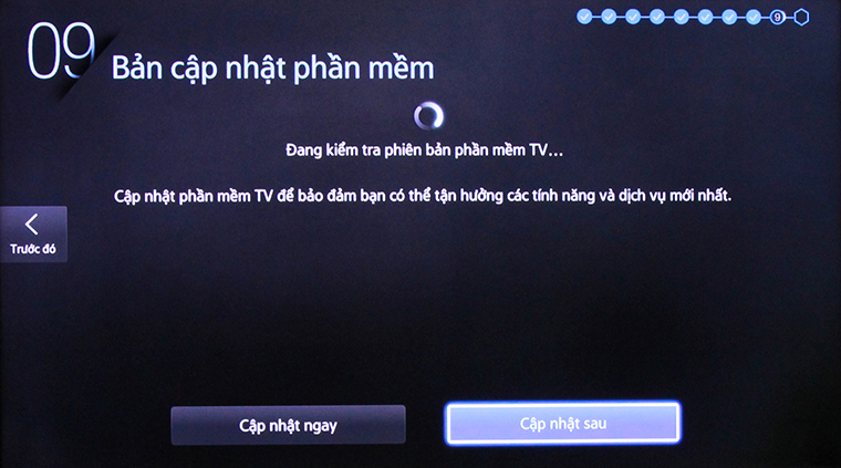 Cách khôi phục cài đặt gốc Smart tivi Samsung bằng phím cơ > Chọn “Cập nhật sau” nếu bạn chưa cần sử dụng ngay các chức năng thông minh của tivi.