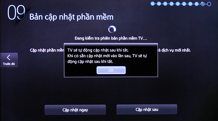 Cách khôi phục cài đặt gốc Smart tivi Samsung bằng phím cơ > Tiếp tục chọn ngôn ngữ cho tivi (Tiếng Việt), sau đó bấm sang phải và chọn “Tiếp theo”.
