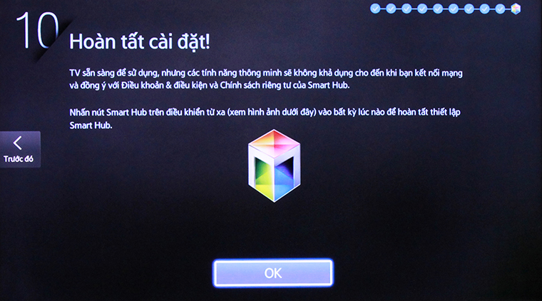 Cách khôi phục cài đặt gốc Smart tivi Samsung bằng phím cơ > Tiếp tục chọn ngôn ngữ cho tivi (Tiếng Việt), sau đó bấm sang phải và chọn “Tiếp theo”.