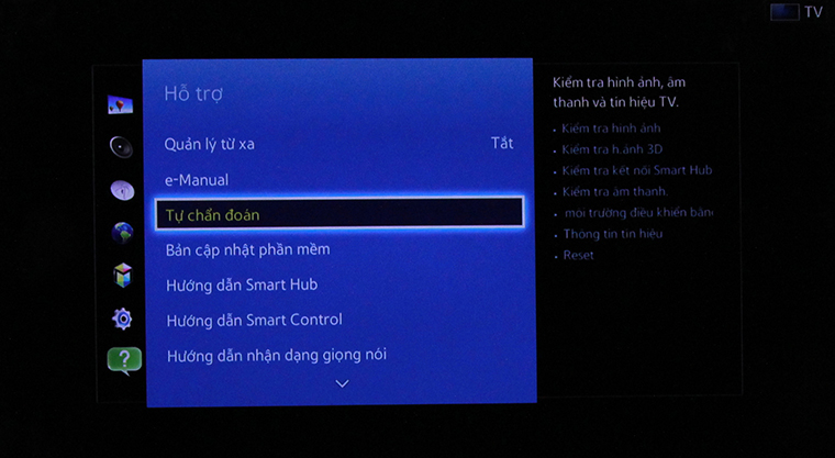 Cách khôi phục cài đặt gốc Smart tivi Samsung bằng phím cơ > Chọn “Tự chẩn đoán”.