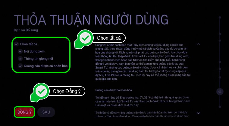 Đồng ý tất cả với các Dịch vụ bổ sung của Thỏa thuận người dùng