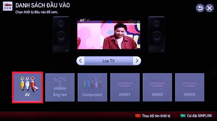 Cách kết nối đầu DVD với tivi đơn giản, dễ thực hiện > Chọn thiết bị đầu vào là “Cổng AV”.
