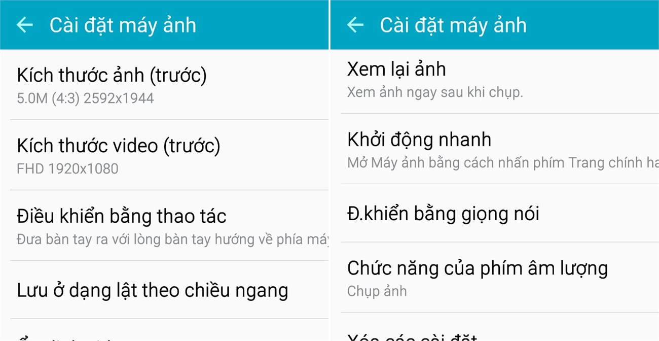 Các cài đặt cho camera sau