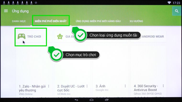 Cách tải ứng dụng trên tivi thông minh Toshiba > Chọn Miễn phí phổ biến nhất và chọn mục Trò chơi