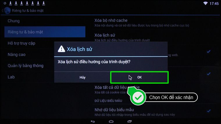 Nhấn chọn Xóa lịch sử Cách xóa lịch sử duyệt web trên Smart tivi Toshiba > Nhấn chọn Xóa lịch sử