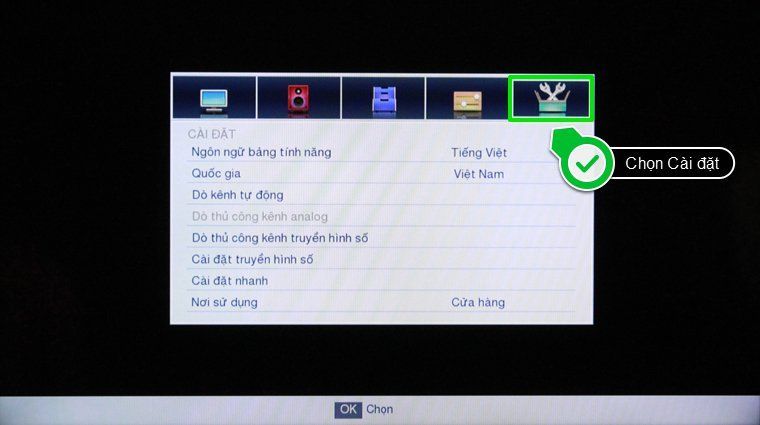 Chọn Cài đặt Cách sử dụng điều khiển tivi Toshiba L2450, L5450 và L5550 > Chọn Cài đặt