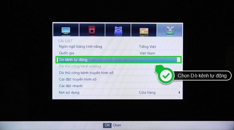 Chọn Dò kênh tự động Cách sử dụng điều khiển tivi Toshiba L2450, L5450 và L5550 > Chọn Dò kênh tự động