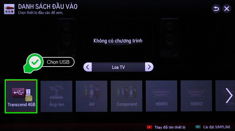 Chọn đầu vào là USB