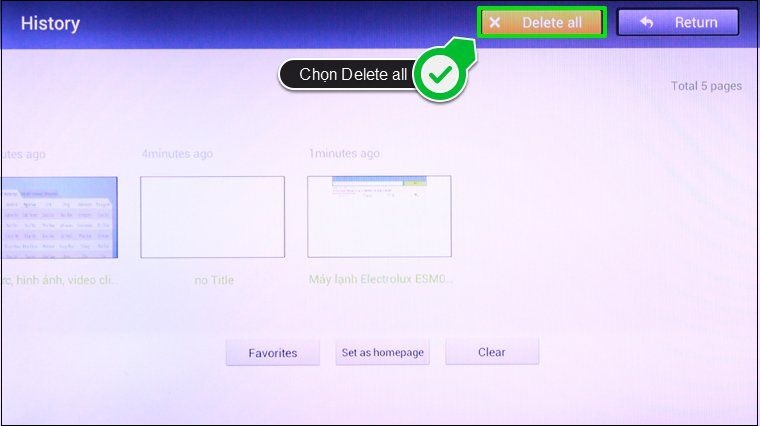 Nếu muốn xóa toàn bộ lịch sử duyệt web, bạn chỉ chọn vào ô Delete all ở góc trên bên phải màn hình tivi