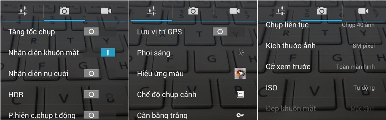 Các cài đặt mặc định thông số của camera HTC 816G