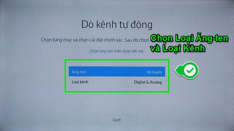 Chọn loại Ăng-ten và Loại kênh trên giao diện dò kênh tự động Cách sử dụng điều khiển tivi Samsung J5520 > Chọn loại Ăng-ten và Loại kênh trên giao diện dò kênh tự động