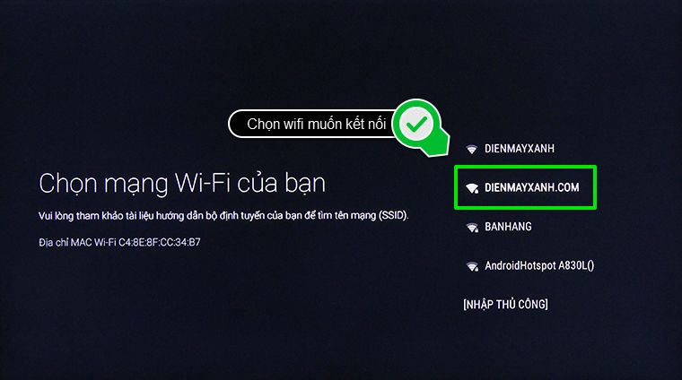 Cách kết nối mạng trên Android tivi Sony 2015 > Chọn wifi mà bạn muốn kết nối