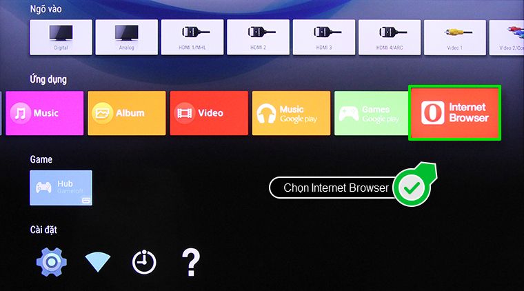 Cách xóa lịch sử duyệt web trên Android tivi Sony 2015 > Chọn ứng dụng trình duyệt web Internet Browser.