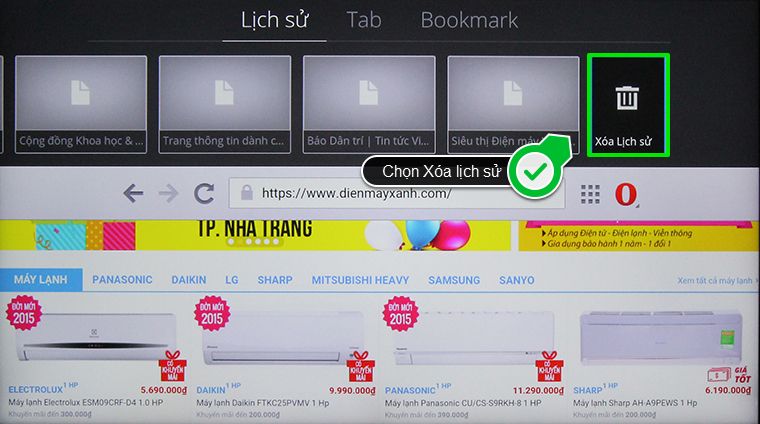 Cách xóa lịch sử duyệt web trên Android tivi Sony 2015 > Chọn Xóa lịch sử để xóa